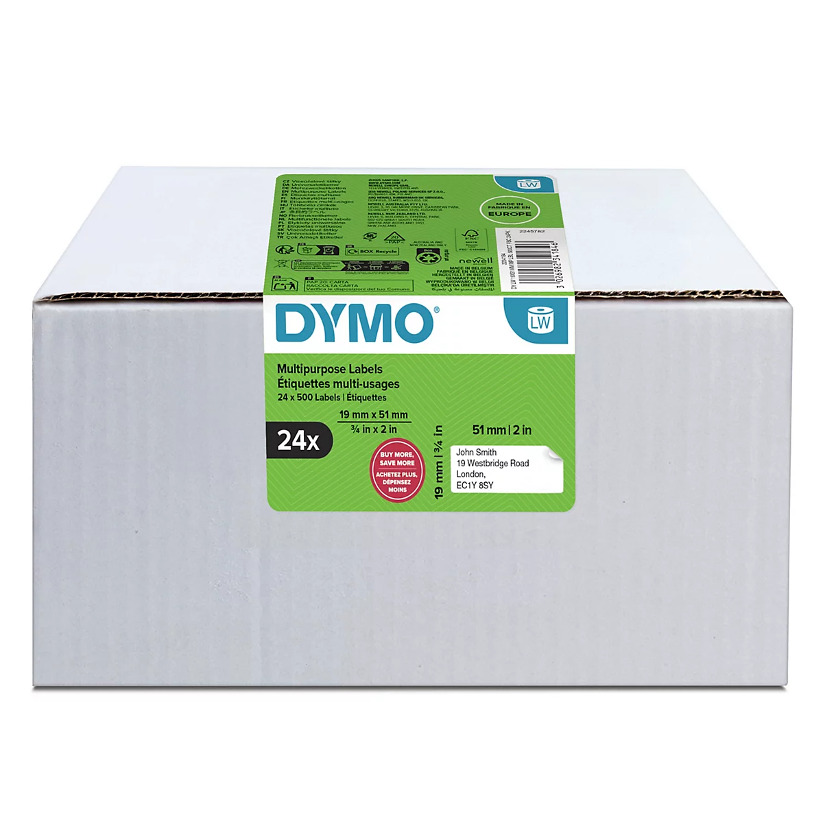Ein weisser Karton mit einem grünen Etikett, das 'DYMO'-Etiketten zeigt, Grössenangaben und 24x Packungsinhalt.