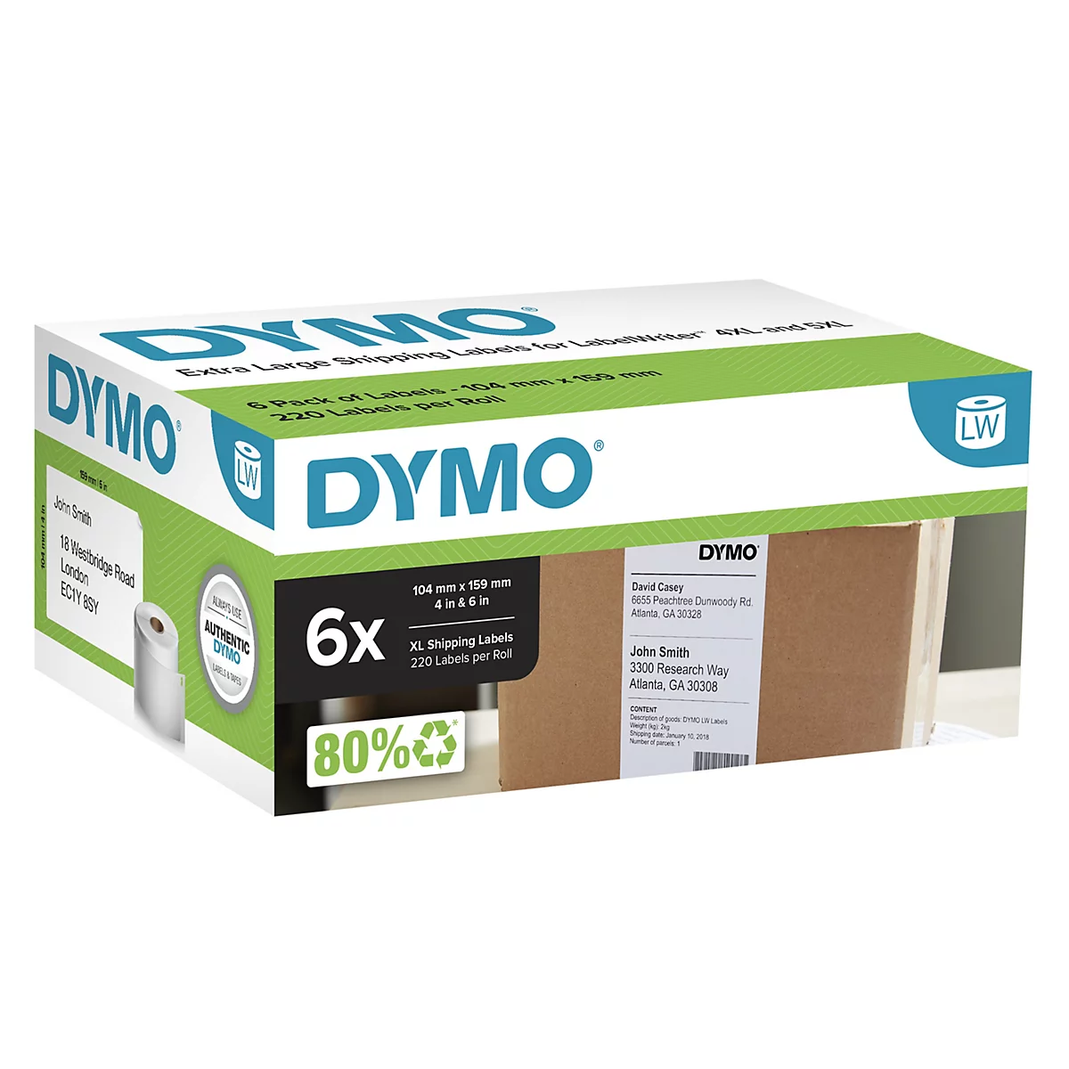 Eine Packung Dymo-Etiketten in einer Verpackung mit Aufdrucken. Die Verpackung zeigt das Label-Produkt selbst und Informationen wie Abmessungen und die Anzahl der Etiketten pro Rolle.