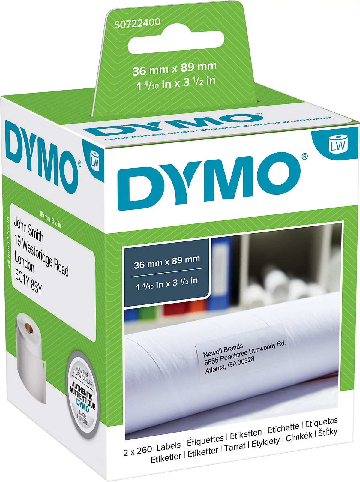 DYMO LabelWriter, etiquetas de dirección, permanentes, papel, 89 x 36 mm, 2 x 260 piezas, blanco