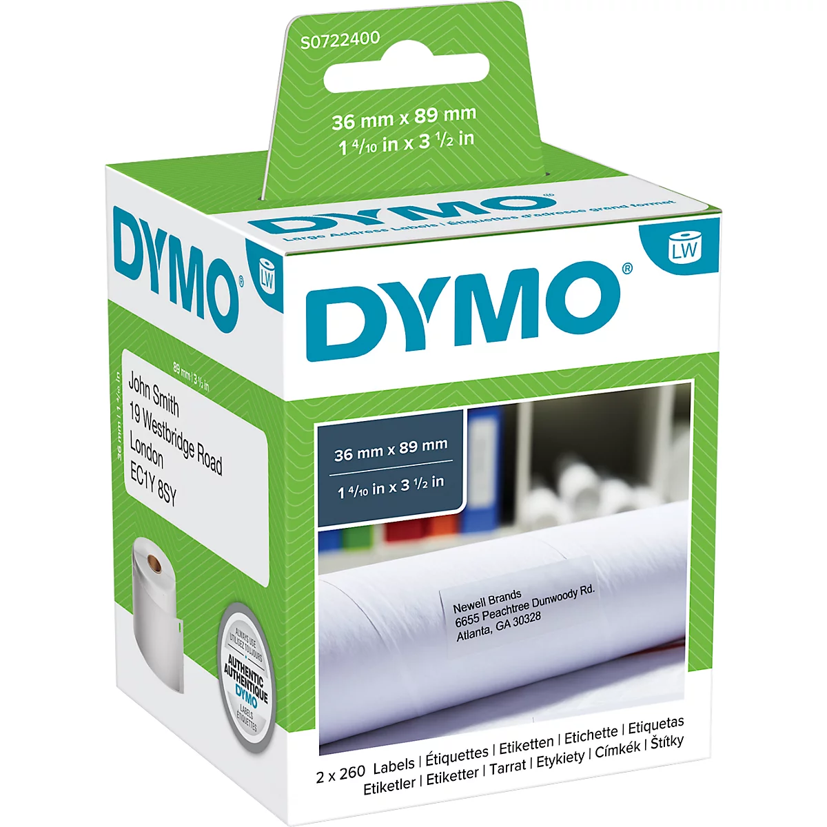 DYMO LabelWriter, etiquetas de dirección, permanentes, papel, 89 x 36 mm, 2 x 260 piezas, blanco