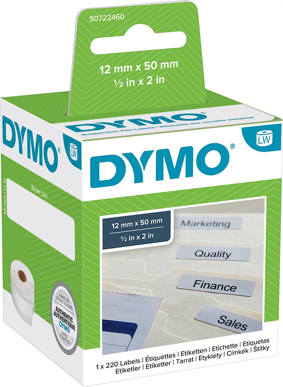 DYMO LabelWriter Hängeablage-Etiketten, permanent, 50 x 12 mm, 1 x 220 Stück, weiß