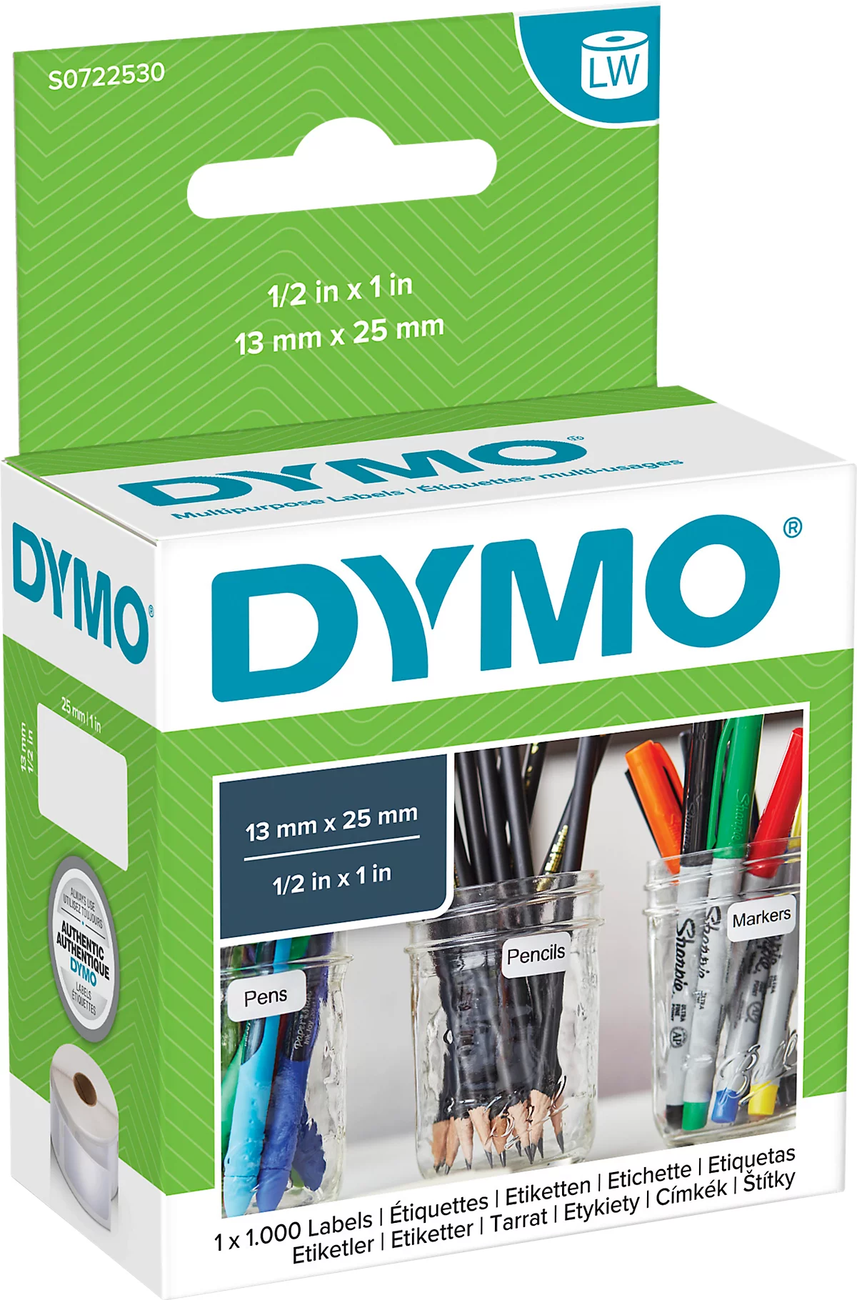 DYMO LabelWriter, Mehrzweck-Etiketten, ablösbar, 13 x 25 mm (doppelreihig), 1 x 1000 Stück, weiss