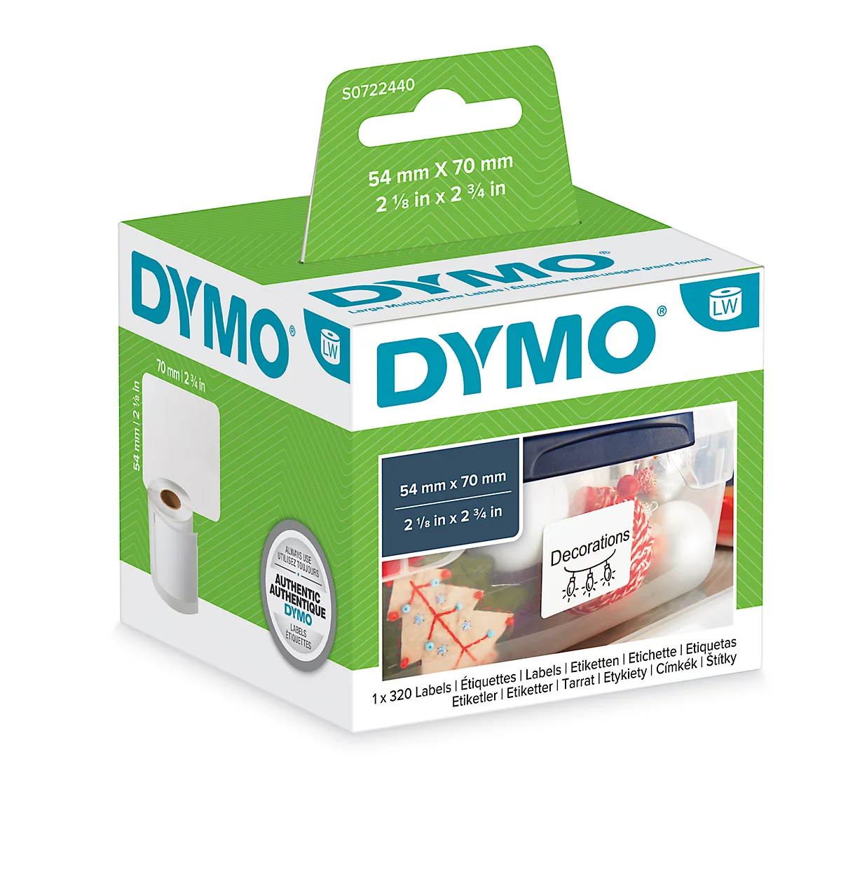 DYMO LabelWriter Mehrzweck-/Namens-Etiketten, permanent, 70 x 54 mm, 1 x 320 Stück, weiß
