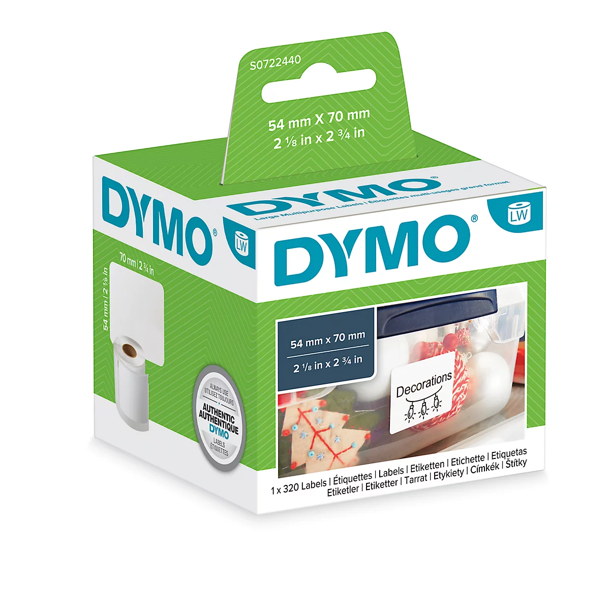 DYMO LabelWriter Mehrzweck-/Namens-Etiketten, permanent, 70 x 54 mm, 1 x 320 Stück, weiß