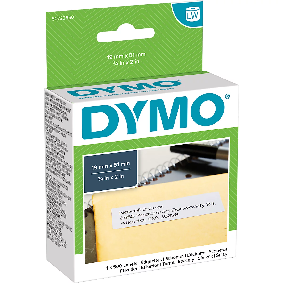 DYMO label box with a label on an envelope. Dimensions: 19 mm x 51 mm.