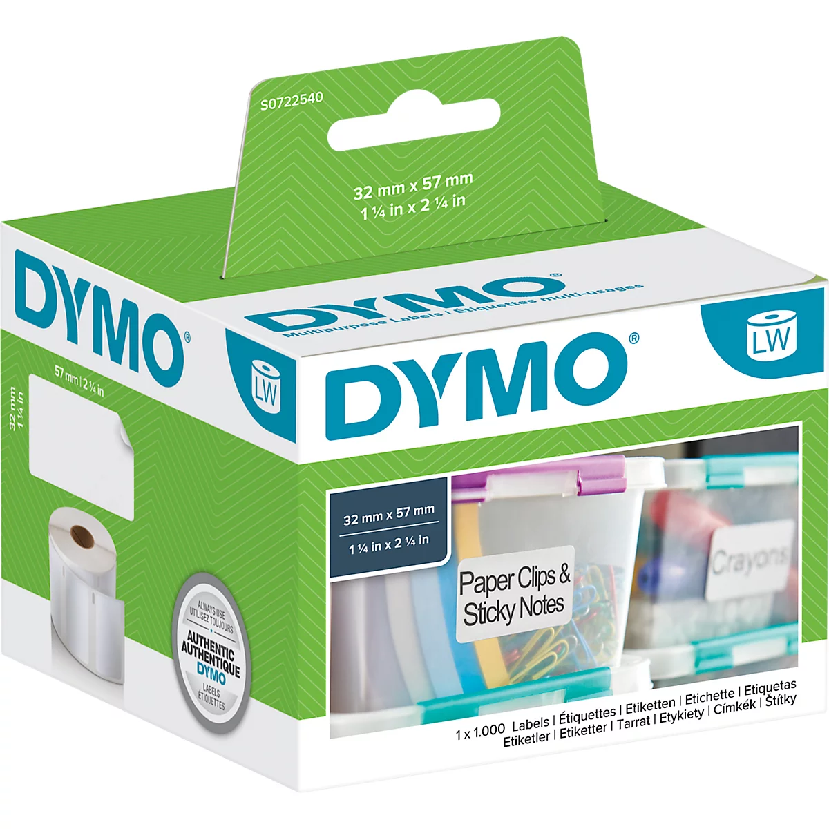 A green DYMO label maker box shows a roll label, dimensions, and examples of use.