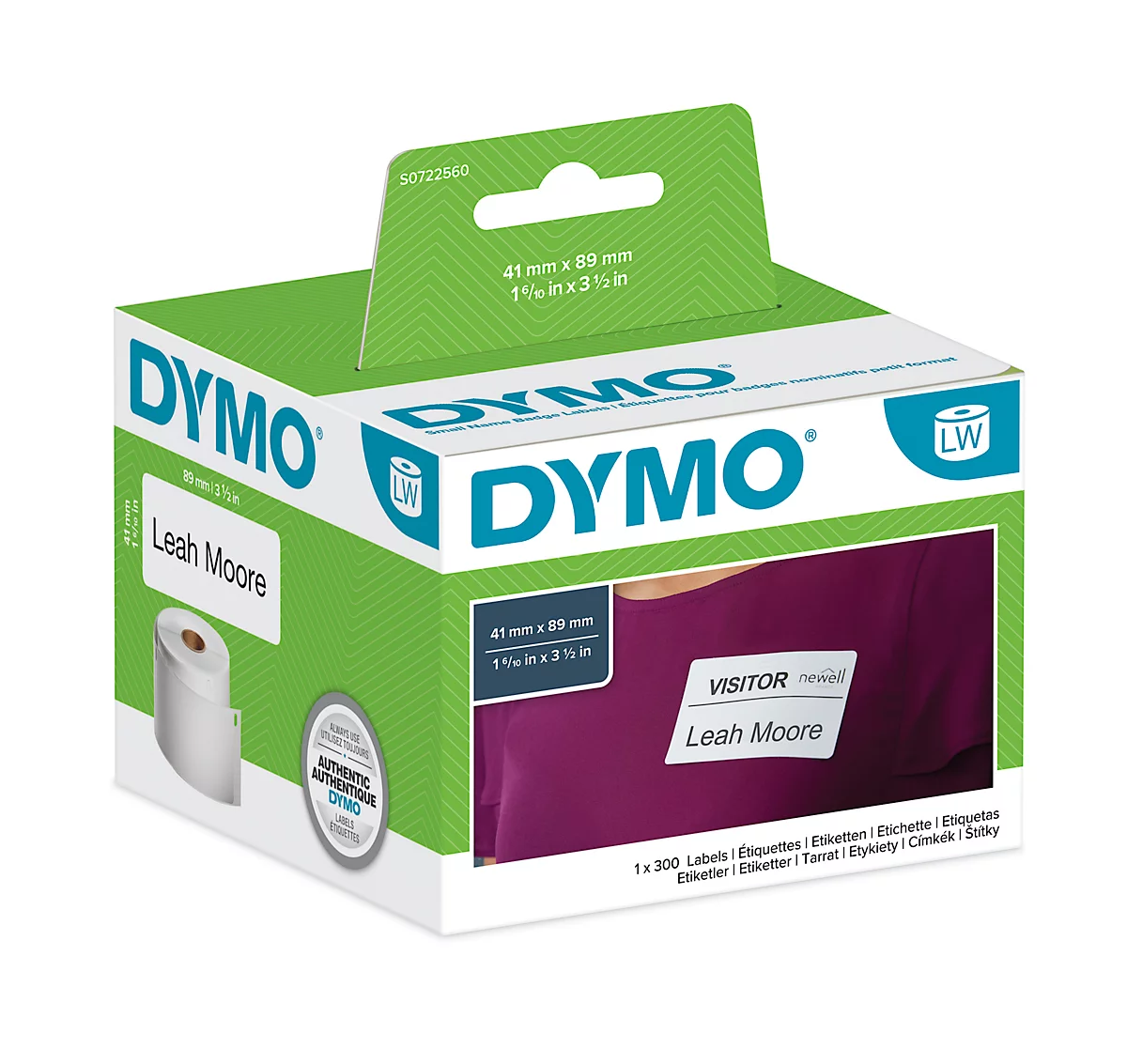 DYMO LabelWriter, Namensschilder-Etiketten, ablösbar, 41 x 89 mm, 1 Rolle à 300 Stück