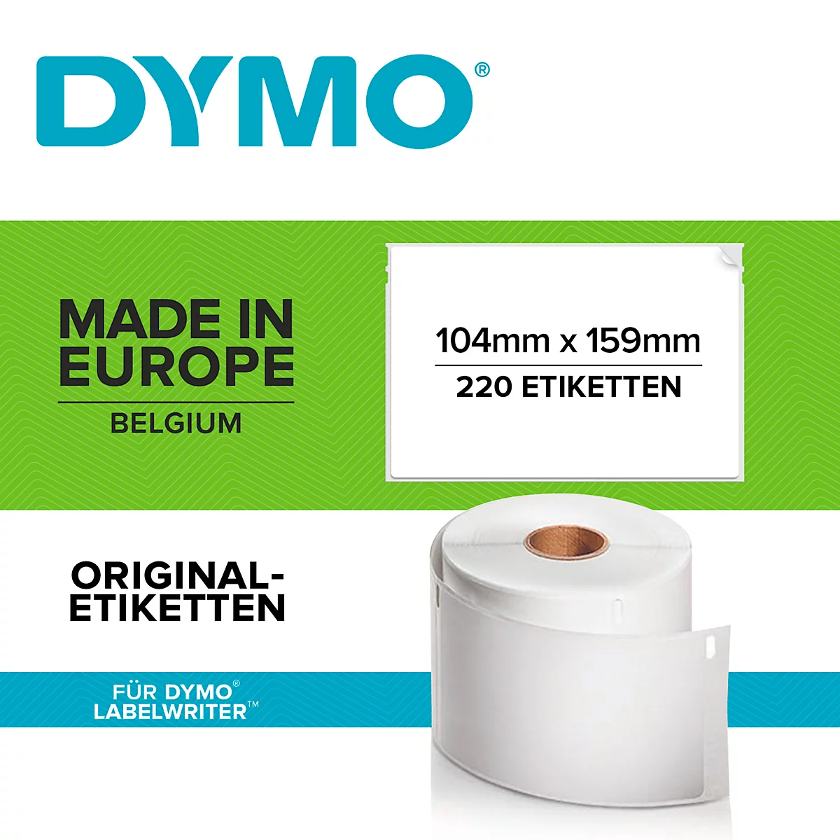 A white label roll, surrounded by a green background with DYMO logo and text like "Made in Europe".