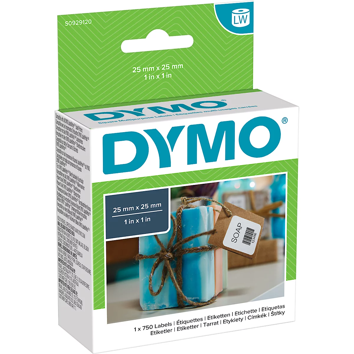 DYMO label sticker pack with labels, shown with soap with label, size 25x25 mm.