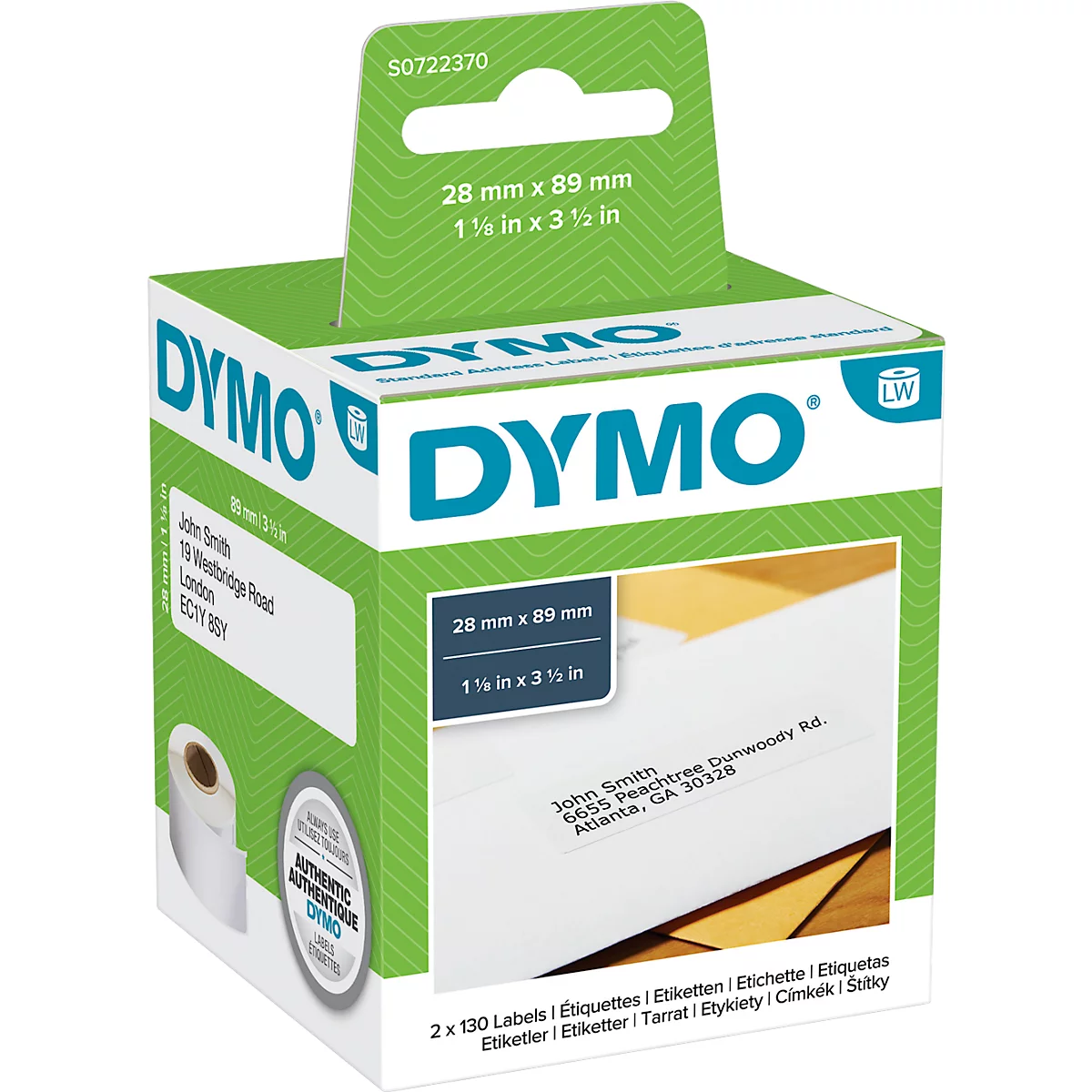Dymo label box with green and white accents. Size specifications and an example of a labeled label are shown on the box.