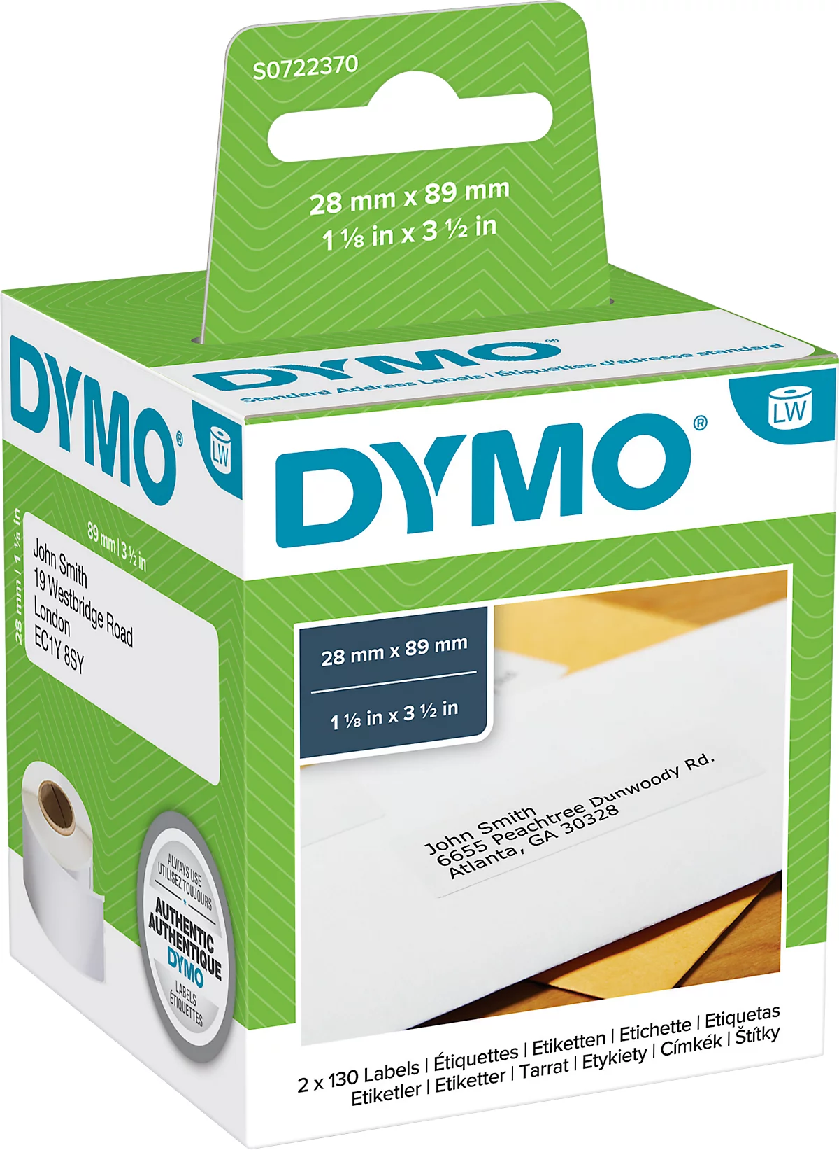 DYMO LabelWriter Standard Adress-Etiketten, permanent, 89 x 28 mm, 2 x 130 Stück, weiß