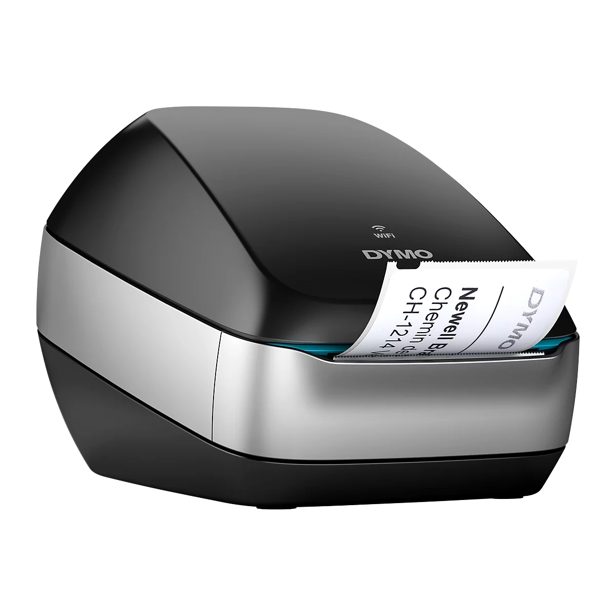 Black Dymo label printer with a label that has an address on it.