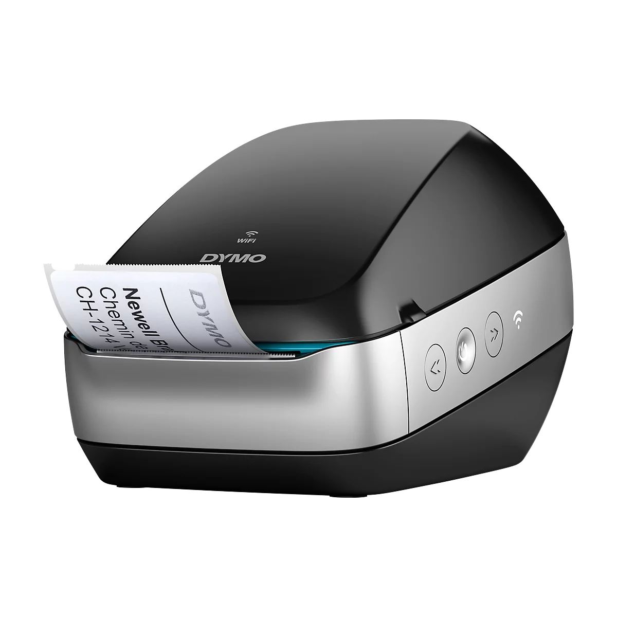 Black DYMO label printer. A label is being output from the printer. Address details are printed on the label.