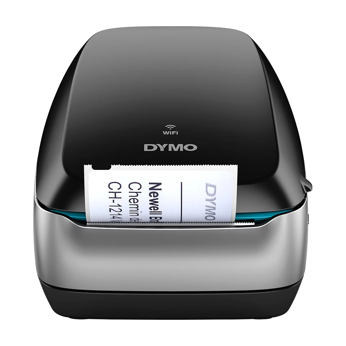 Dymo label printer. The device is black and silver and prints a label with text.