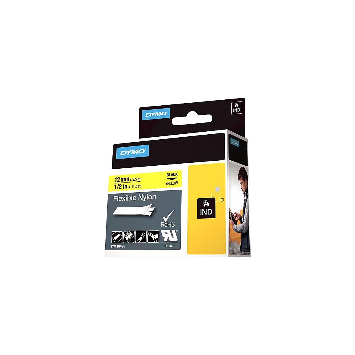 DYMO Industrie-Etikettenkassette, flexibles Nylon, 12 mm breit, schwarze Schrift auf gelbem Band.