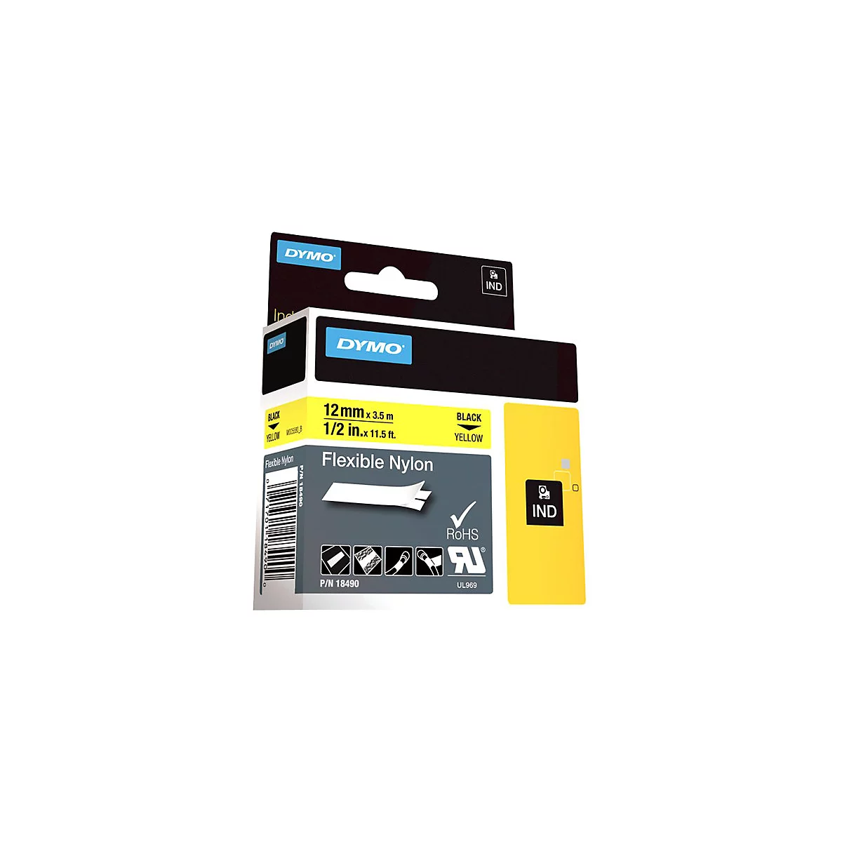 Dymo Industriebandkassette, 12 mm breit, schwarzer Text auf gelbem Nylonband, in Originalverpackung.