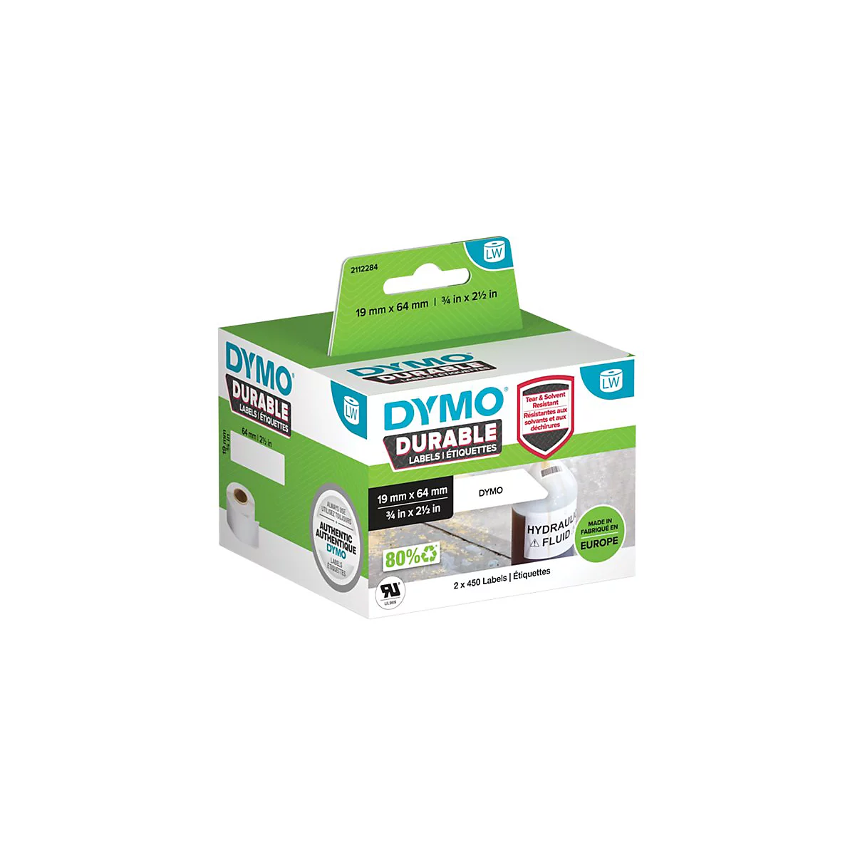 Verpackung von Dymo Durable Etiketten in Grün und Weiß mit Produktinformationen.