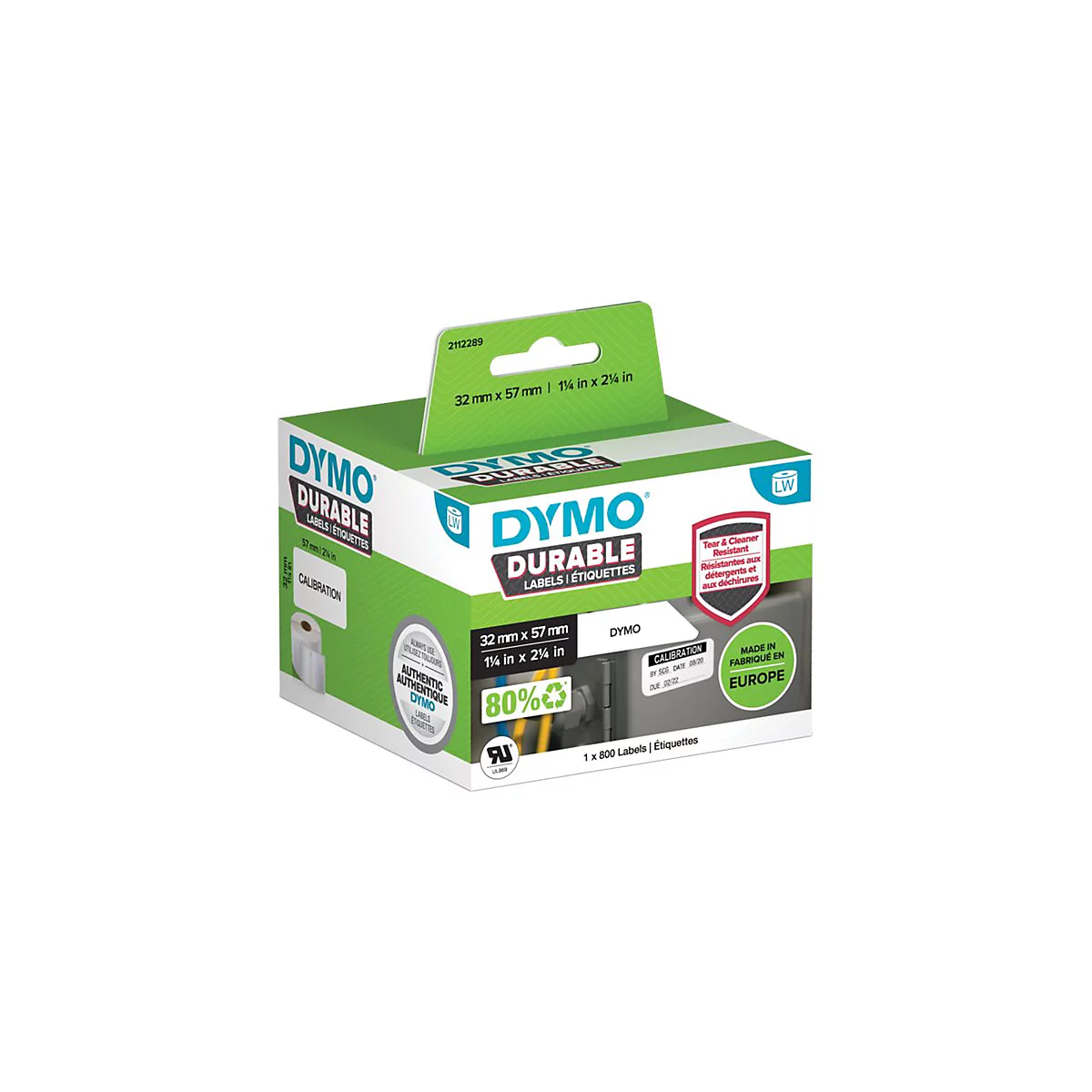 Verpackung mit Dymo Durable Etiketten, 32 mm x 57 mm, Inhalt 800 Stück.