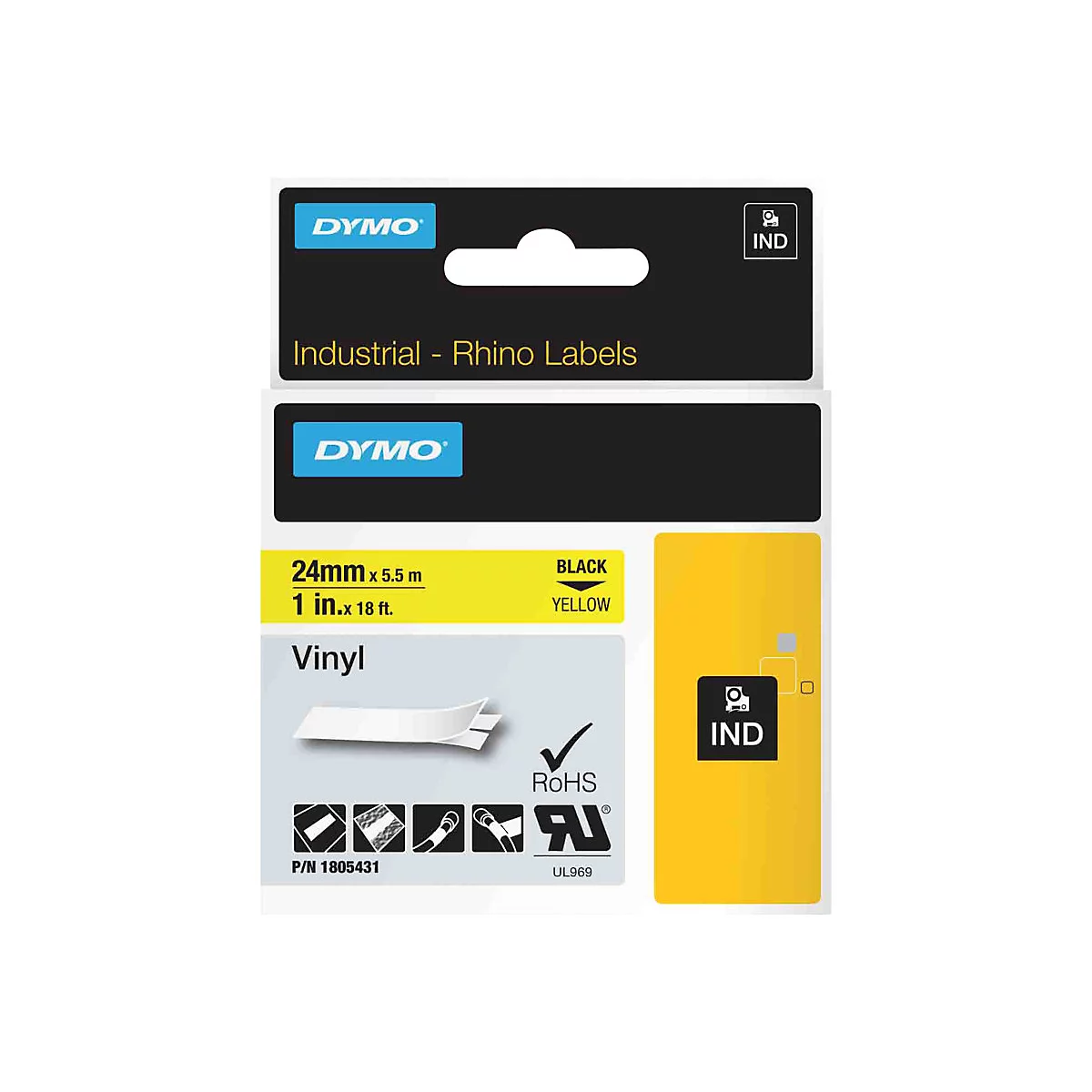 Verpackung für Dymo Industrial Rhino Etiketten, 24 mm breit, schwarz auf gelbem Vinylband.