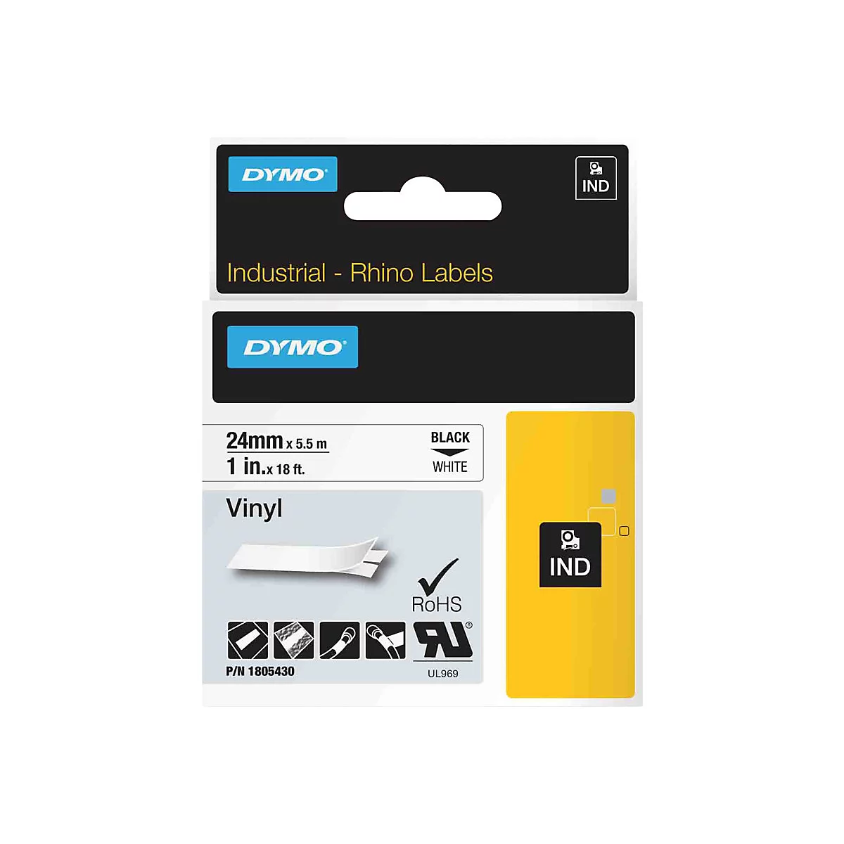 Dymo Industrie-Etikettenkassette, 24mm x 5,5m, schwarzer Text auf weißem Vinyl-Band.