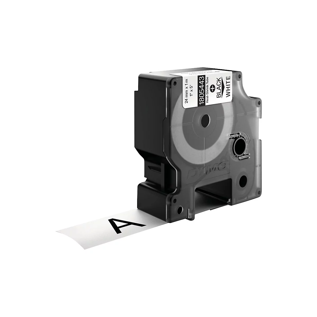 Schwarze Dymo-Schrumpfschlauch-Kassette mit weißem Etikettband, auf dem ein großer Buchstabe A aufgedruckt ist.