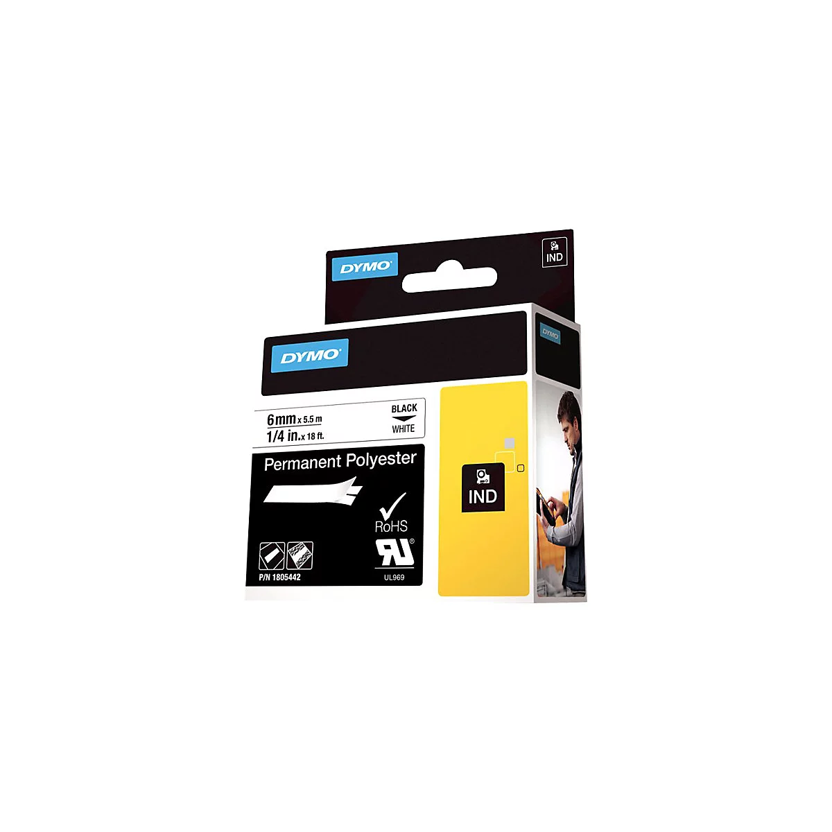 DYMO Industrieband-Kassette 6mm schwarz auf weißem, permanentem Polyester-Etikett in der Originalverpackung.