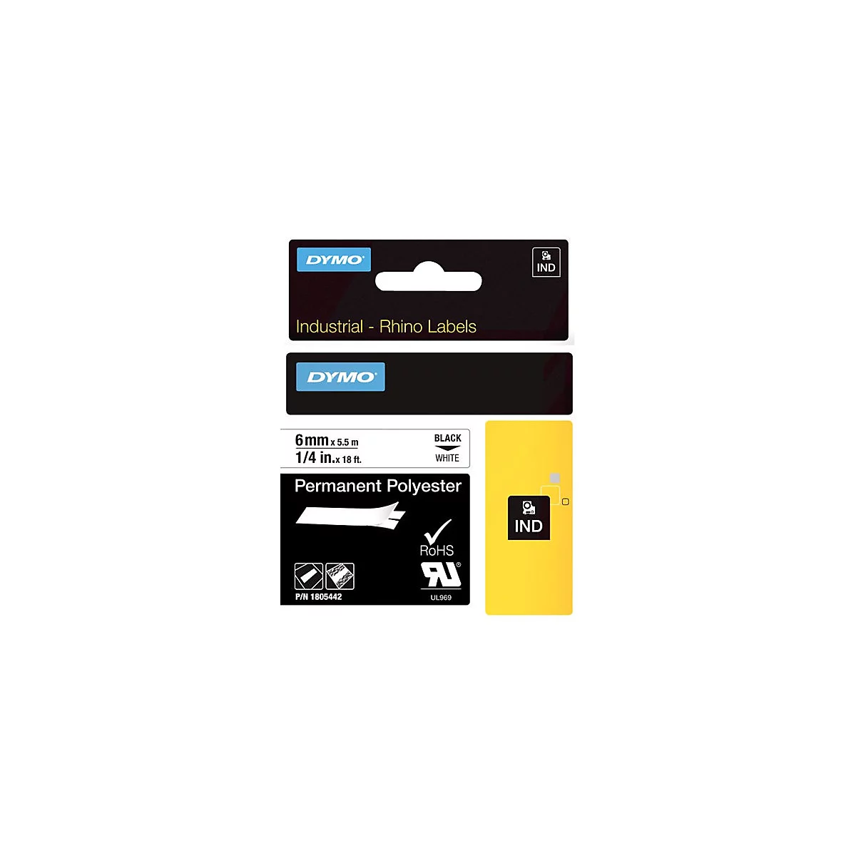 Verpackung von Dymo Rhino Industrial Permanent Polyester Etiketten, 6mm Breite, schwarz auf weiß.