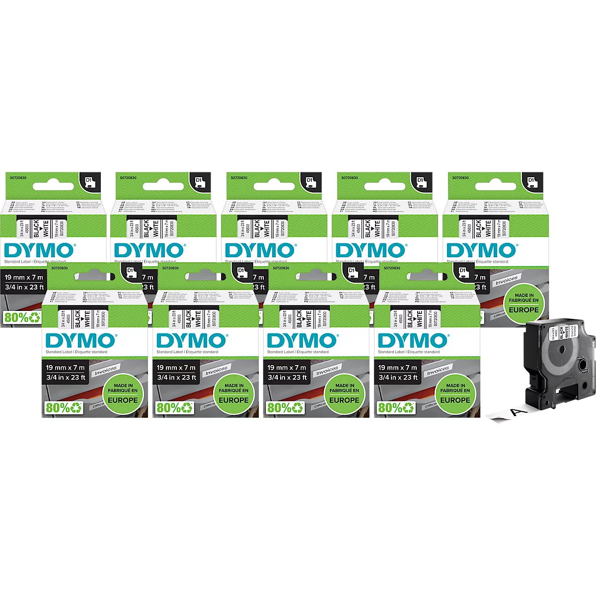 DYMO® Schriftband 45803, Typ D1, 7 m x 19 mm, schwarz/weiß, 10 Stück
