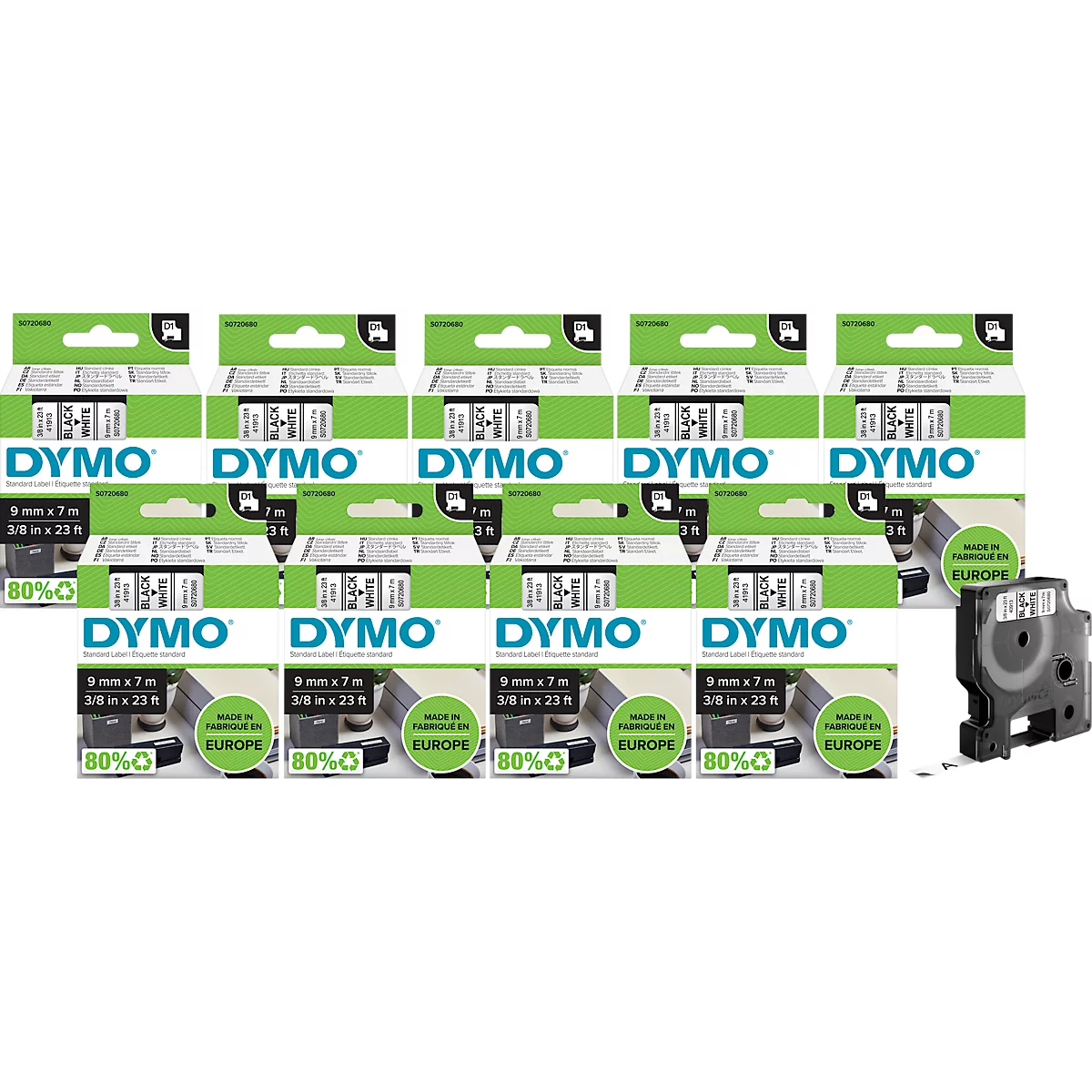 DYMO® Schriftband-Sparset 40913, Typ D1, 7 m x 9 mm, UV-beständig, reißfest, schwarz/weiß, 10 Stück