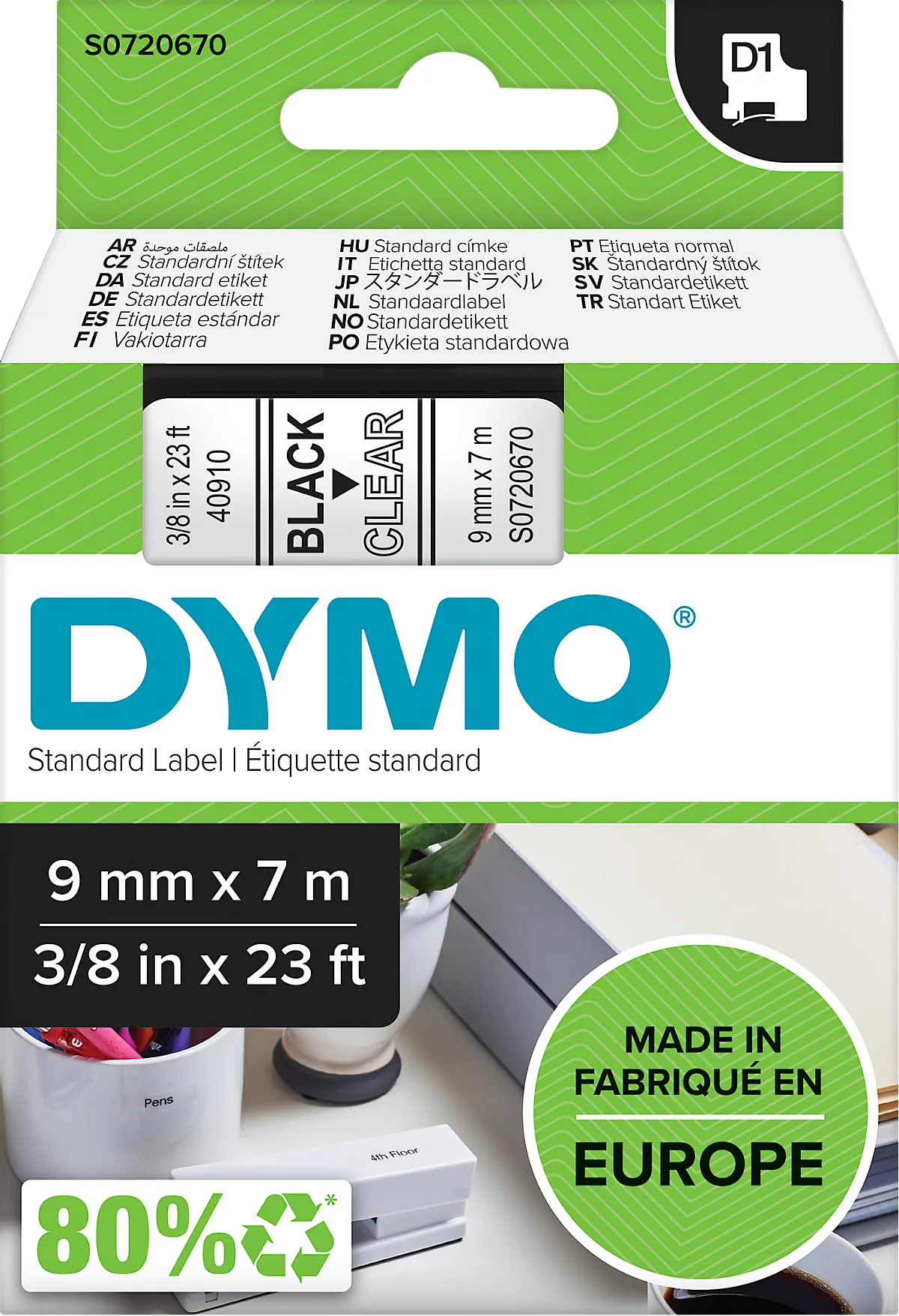 DYMO® Schriftbandkassette D1 40910, 9 mm, transparent/schwarz