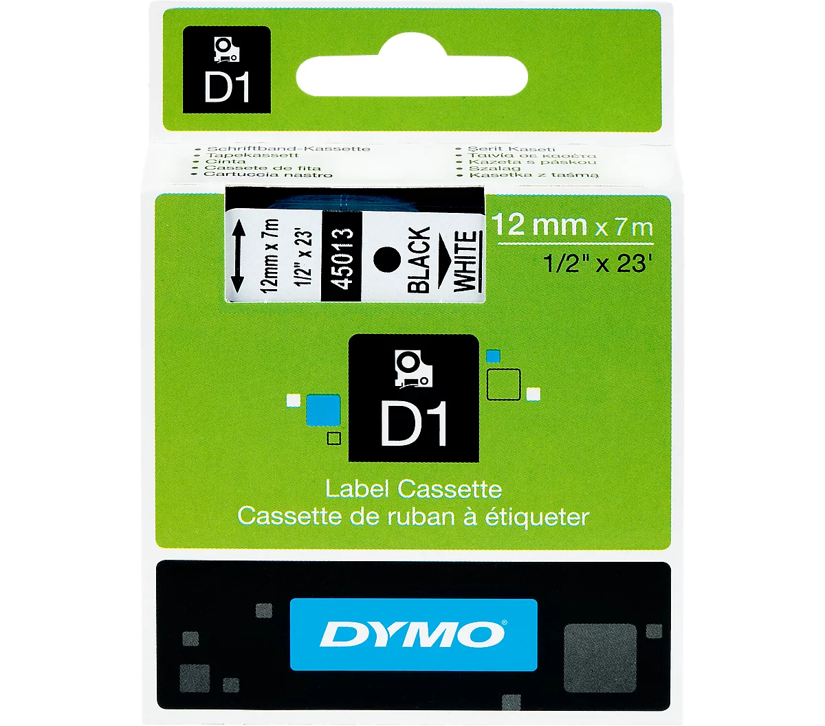 DYMO® Schriftbandkassette D1 45013, 12 mm breit, weiß/schwarz