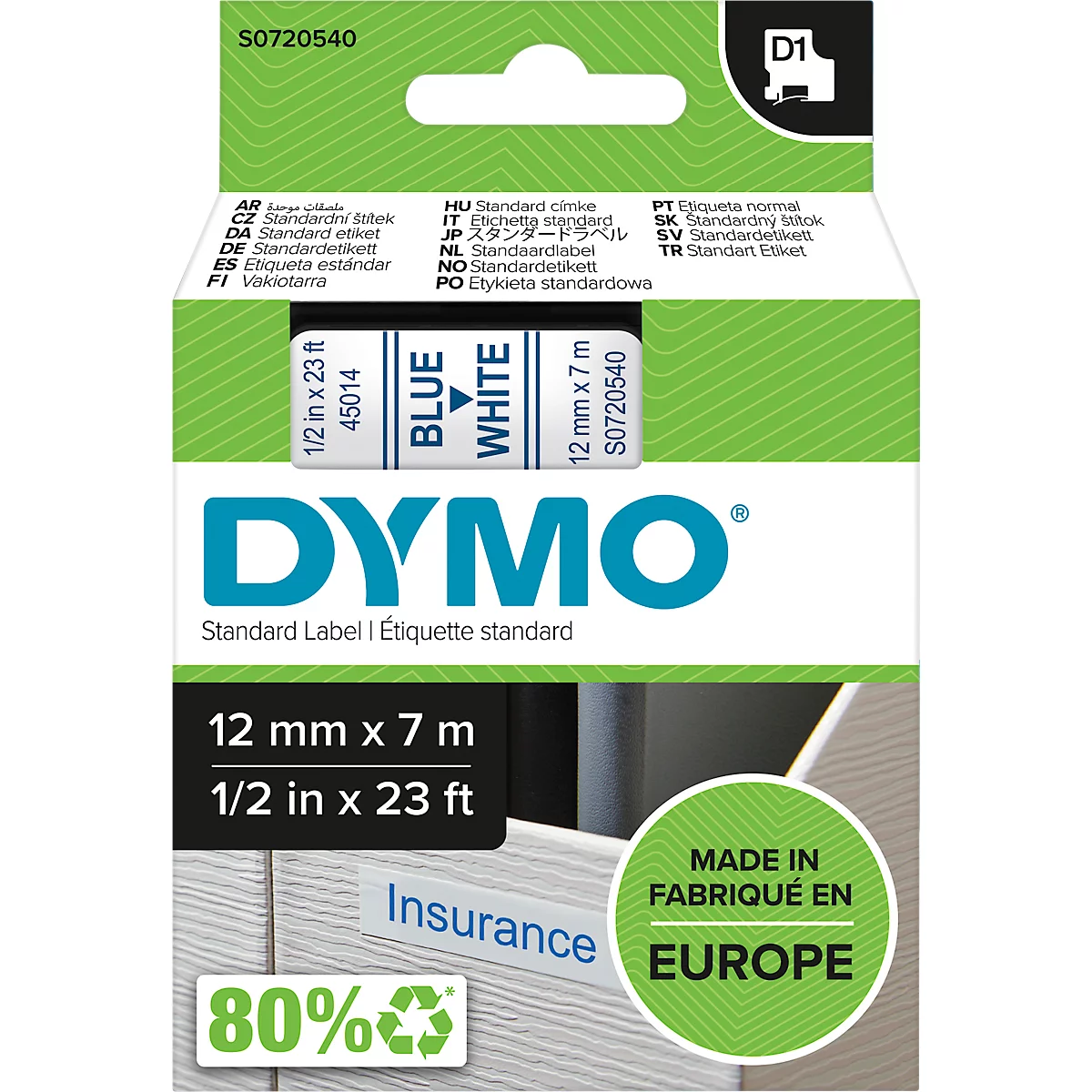 DYMO® Schriftbandkassette D1 45014, 12 mm breit, weiß/blau