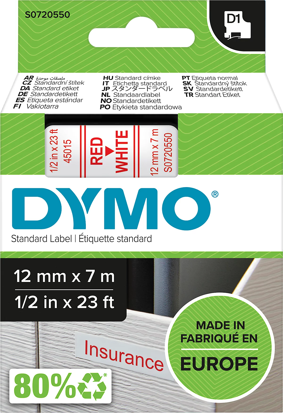 DYMO® Schriftbandkassette D1 45015,12 mm breit, weiß/rot