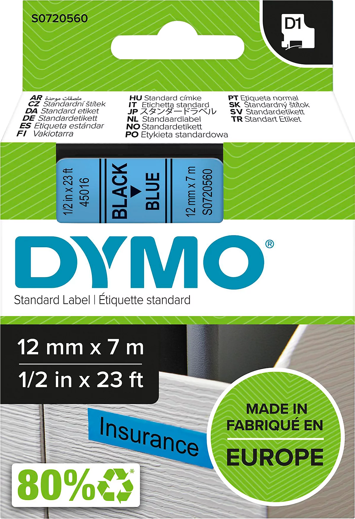 DYMO® Schriftbandkassette D1 45016, 12 mm breit, blau/schwarz