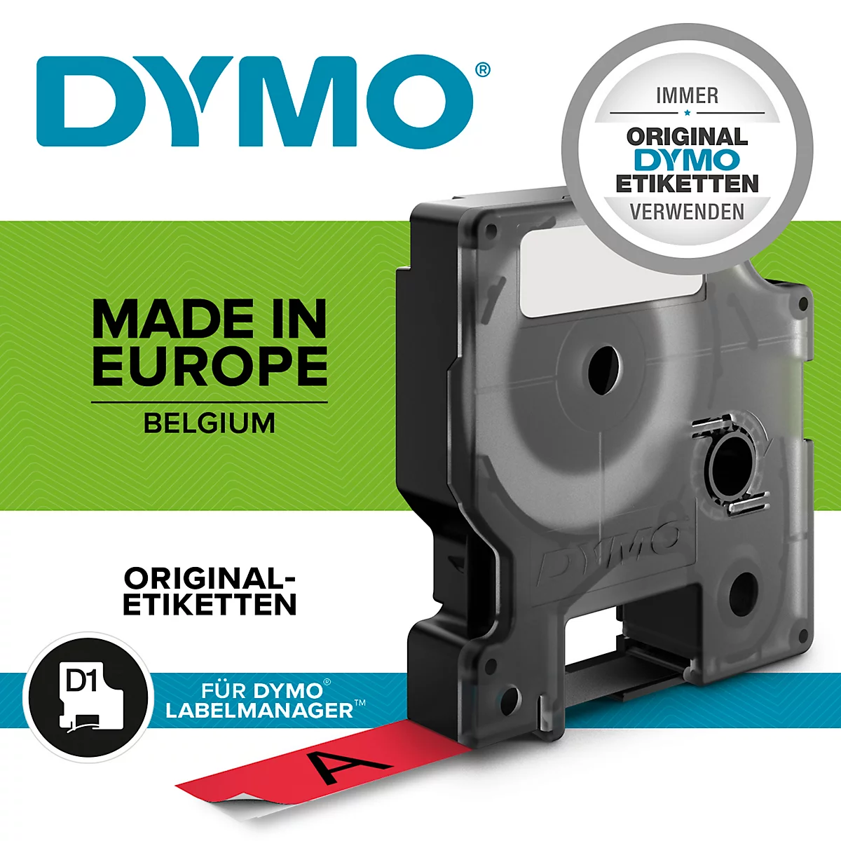 DYMO® Schriftbandkassette D1 45017, 12 mm breit, rot/schwarz
