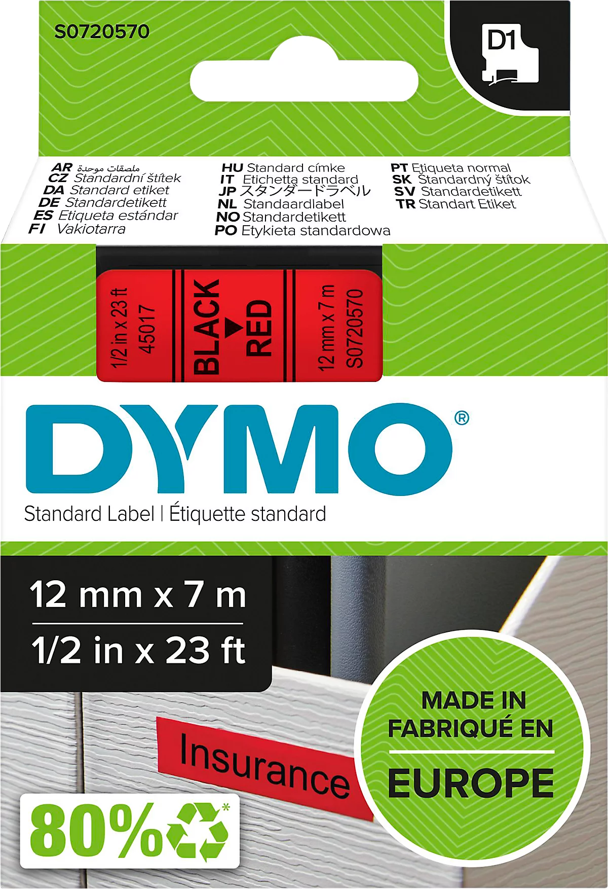 DYMO® Schriftbandkassette D1 45017, 12 mm breit, rot/schwarz