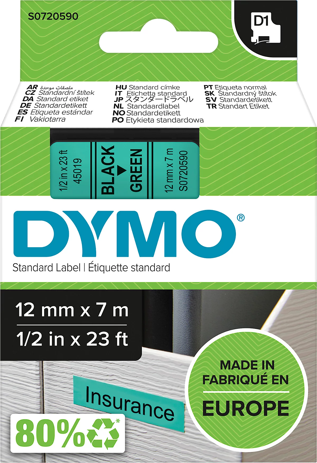DYMO® Schriftbandkassette D1 45019, 12 mm breit, grün/schwarz