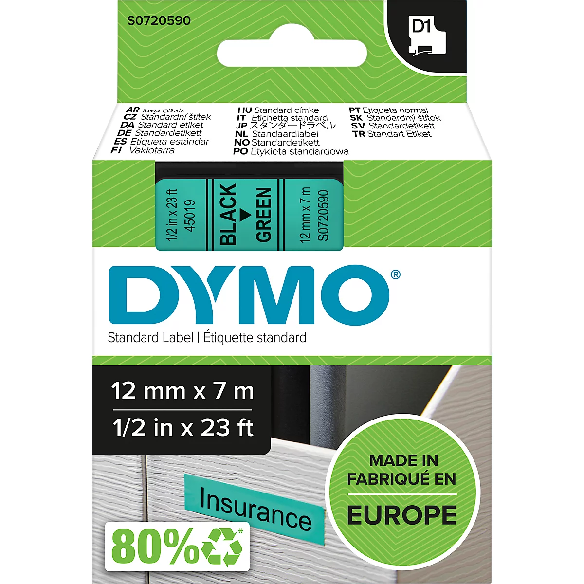 DYMO® Schriftbandkassette D1 45019, 12 mm breit, grün/schwarz