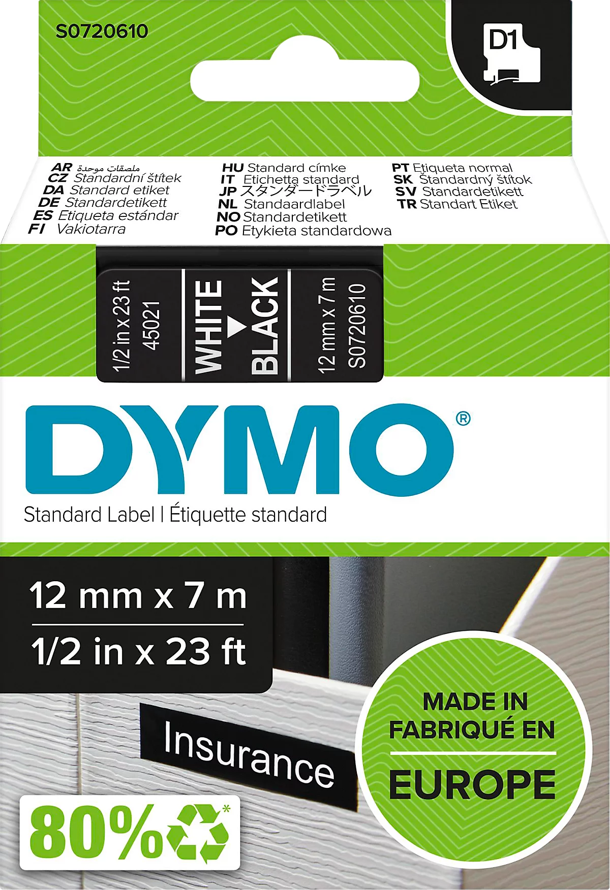 DYMO® Schriftbandkassette D1 45021, 12 mm breit, schwarz/weiß