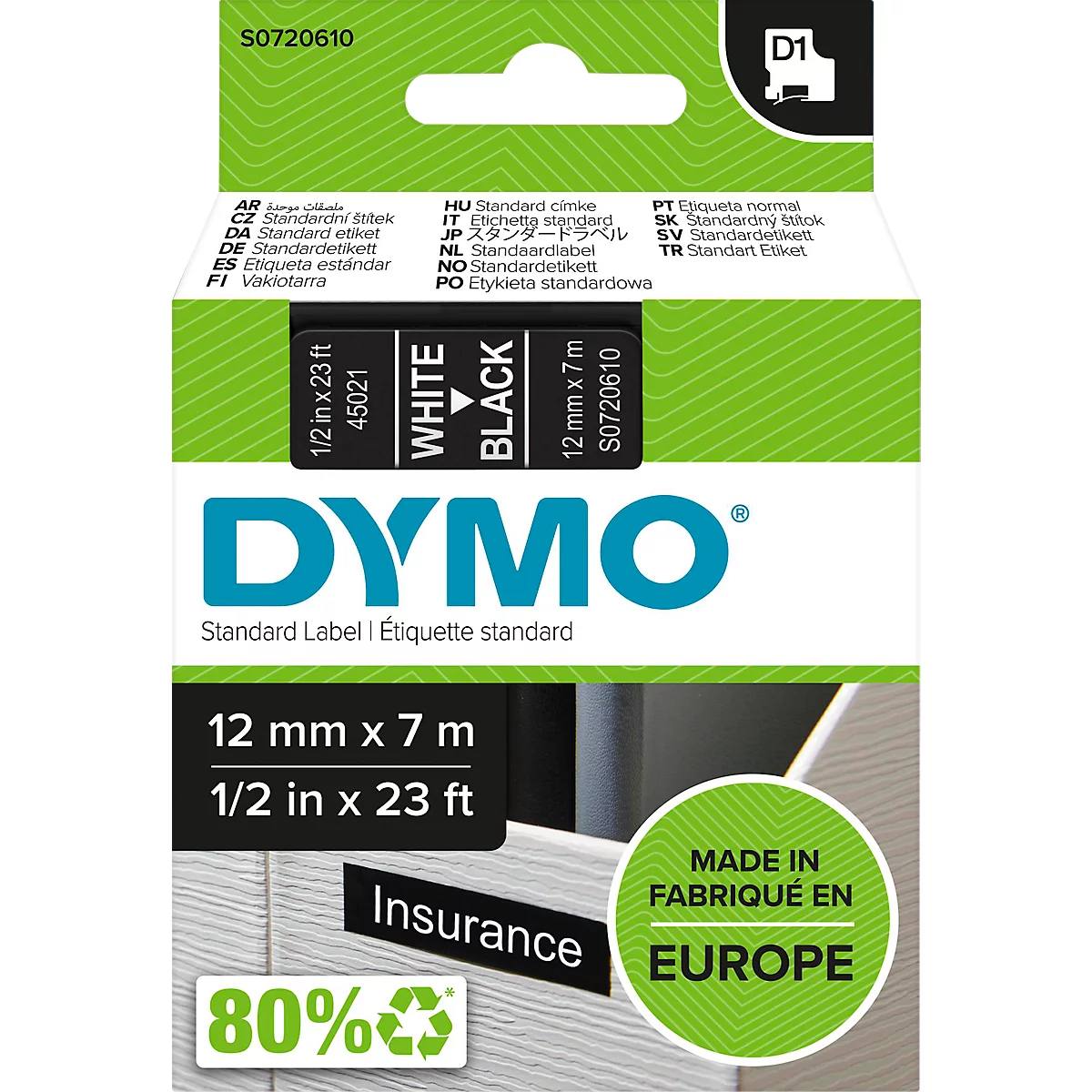 DYMO® Schriftbandkassette D1 45021, 12 mm breit, schwarz/weiß