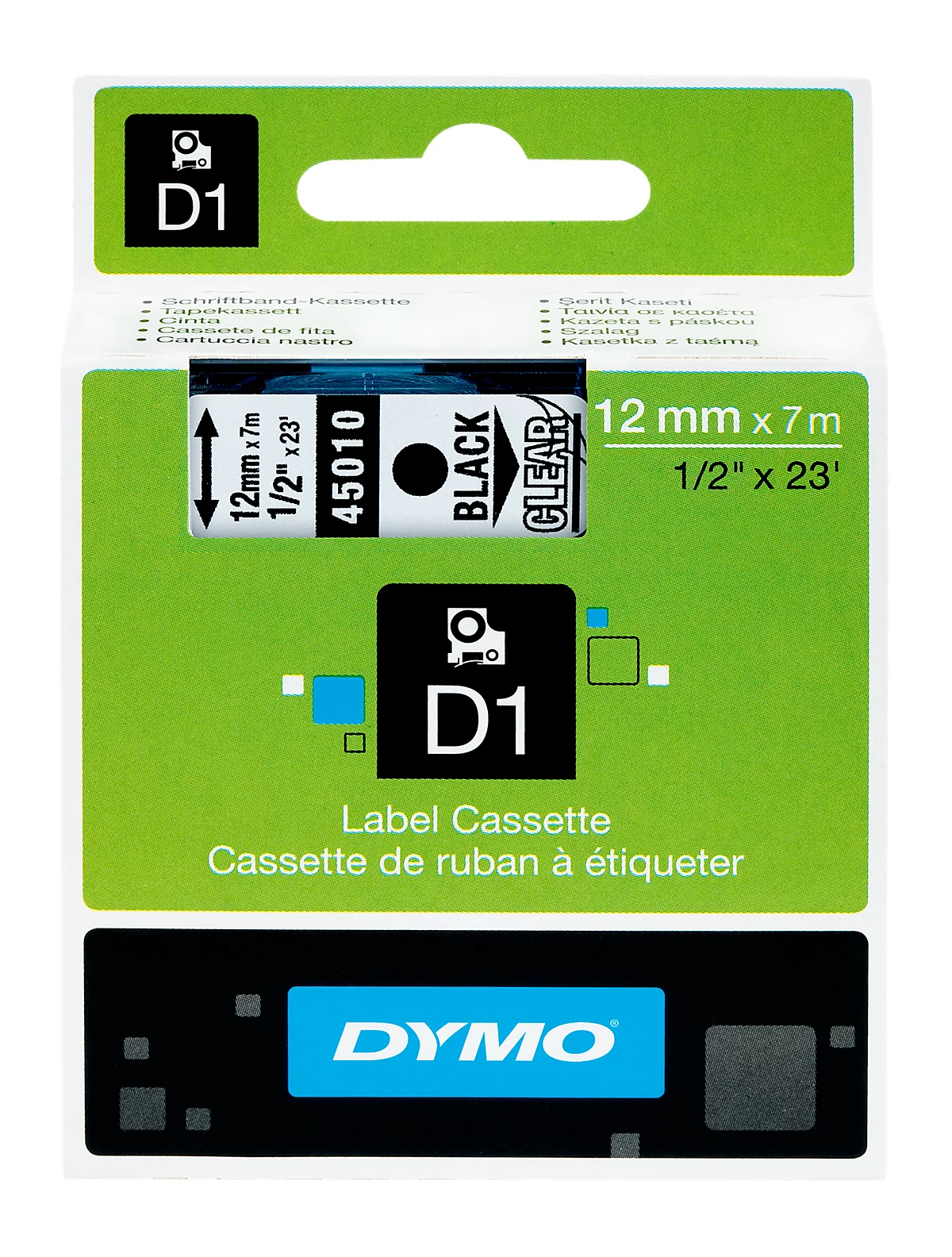 DYMO® Schriftbandkassette D1 45310, 12 mm breit, transparent/schwarz