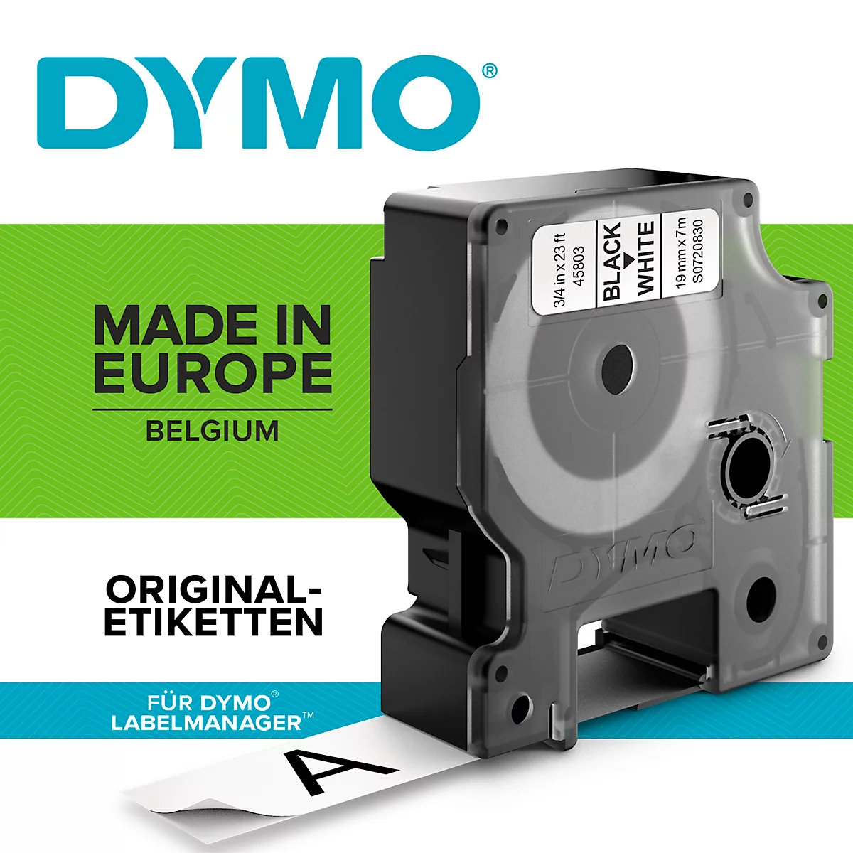 DYMO® Schriftbandkassette D1 45803, 19 mm breit, weiß/schwarz