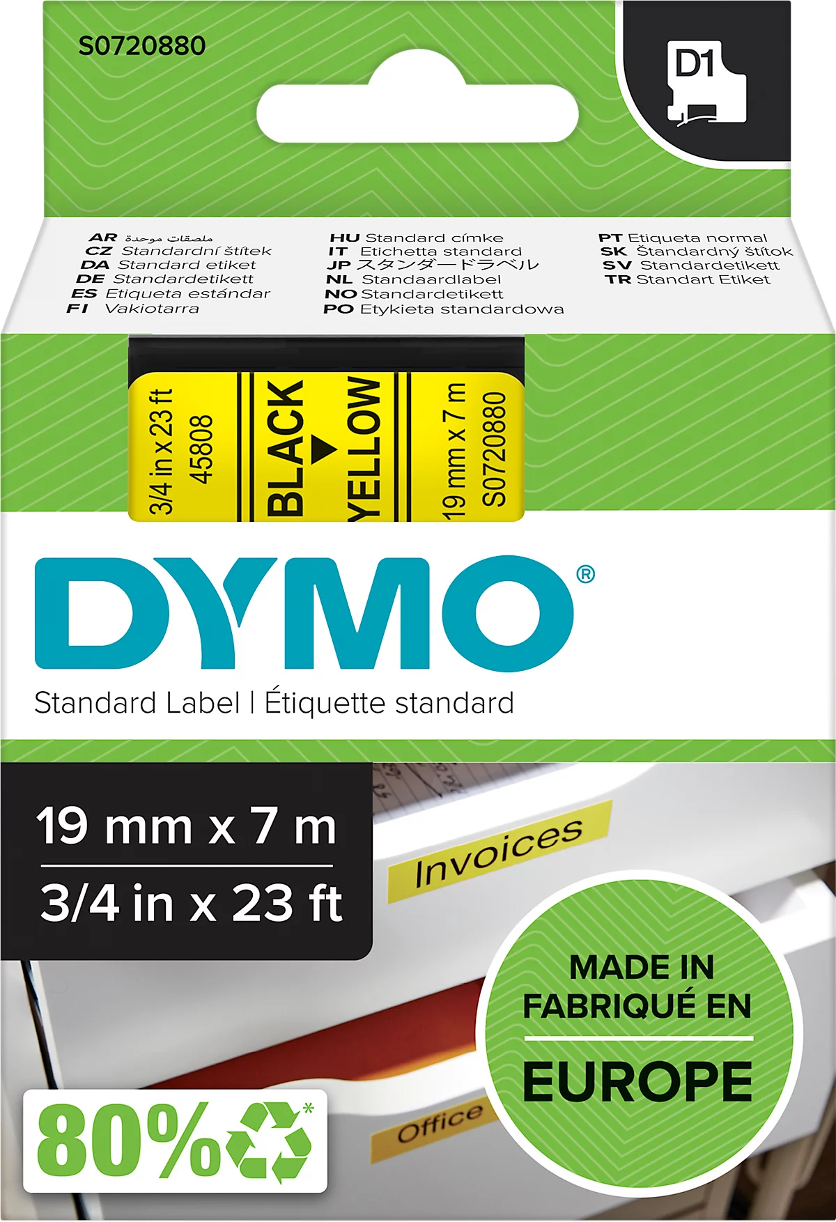 DYMO® Schriftbandkassette D1 45808, 19 mm, gelb/schwarz