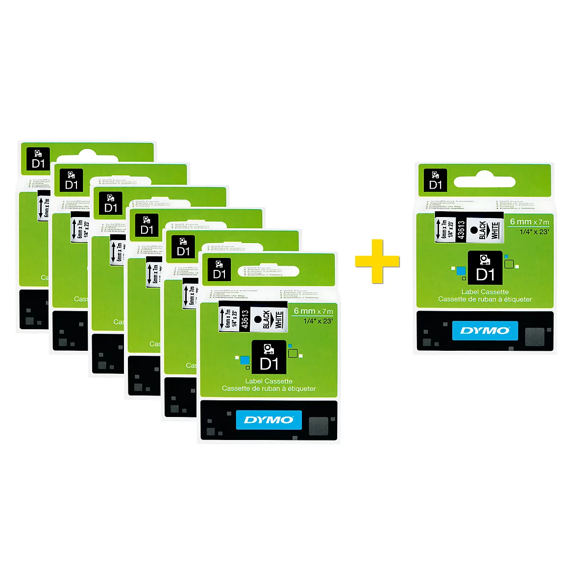 DYMO® voordeelpakket lint beletteringssystemen 43613, 6 mm breed, wit/zwart, 6 + 1 GRATIS