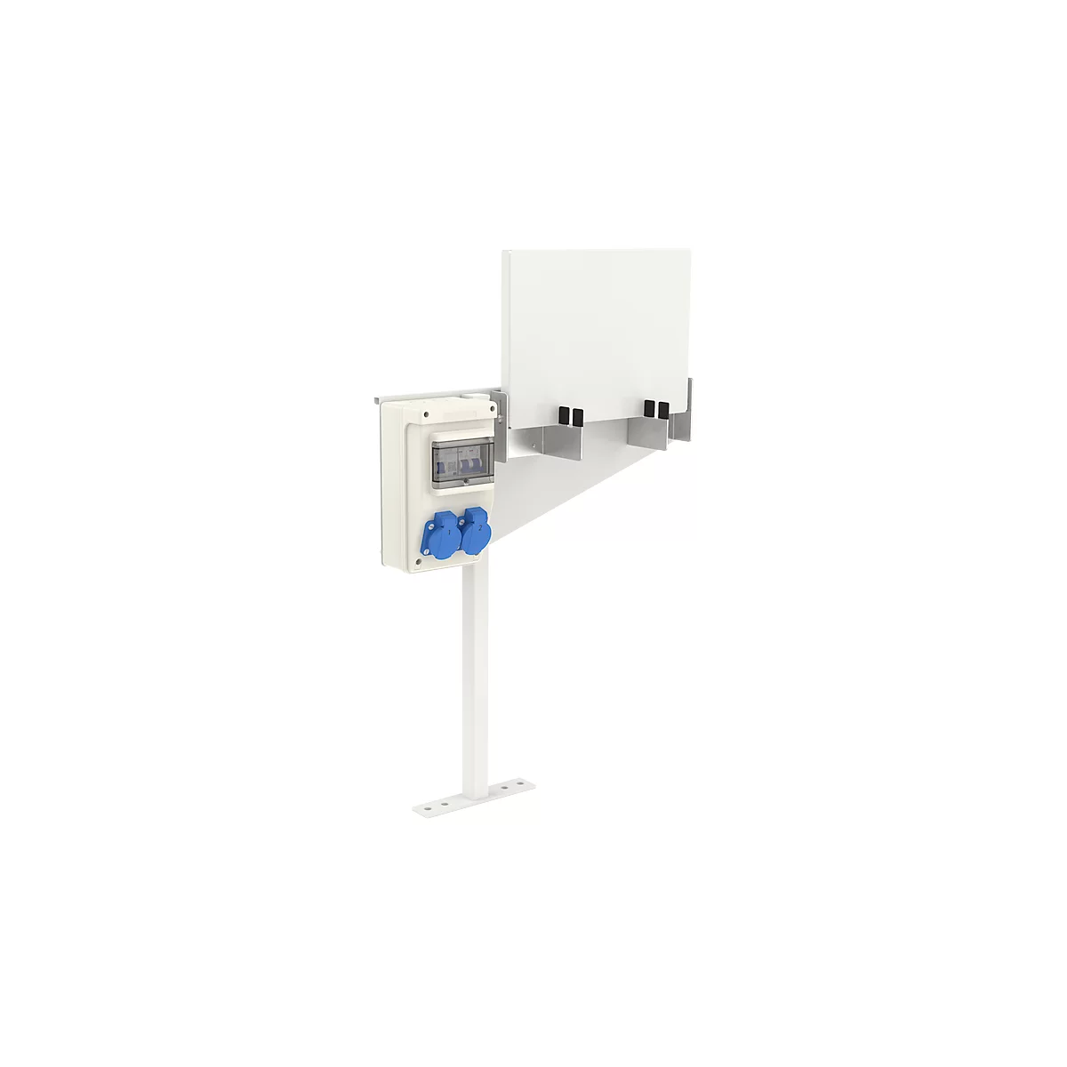 White wall-mounted distributor with blue sockets and fuse box. It is attached to a white post mounted on a base plate.