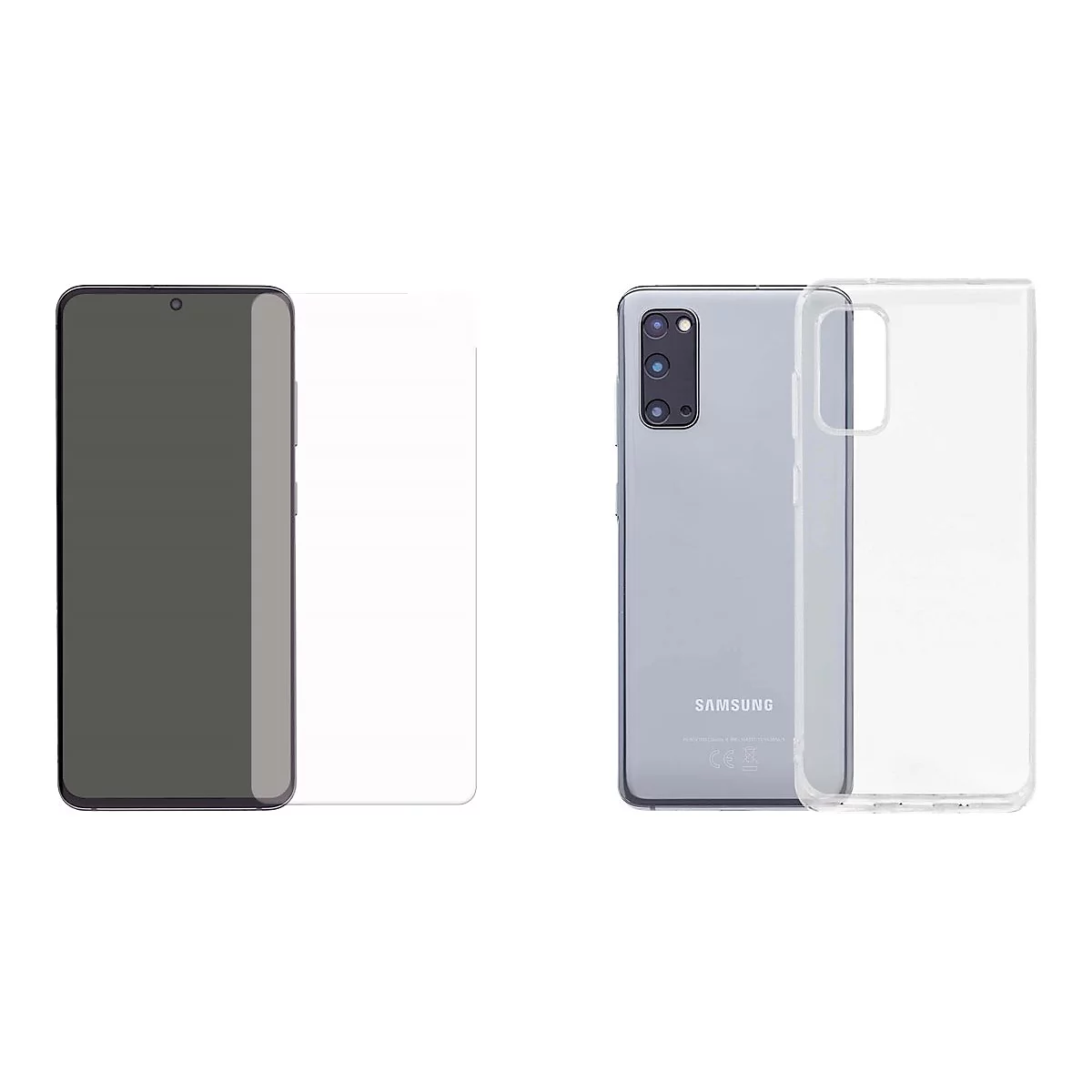 Un smartphone Samsung gris avec une coque transparente et un protecteur d'écran sur fond blanc.