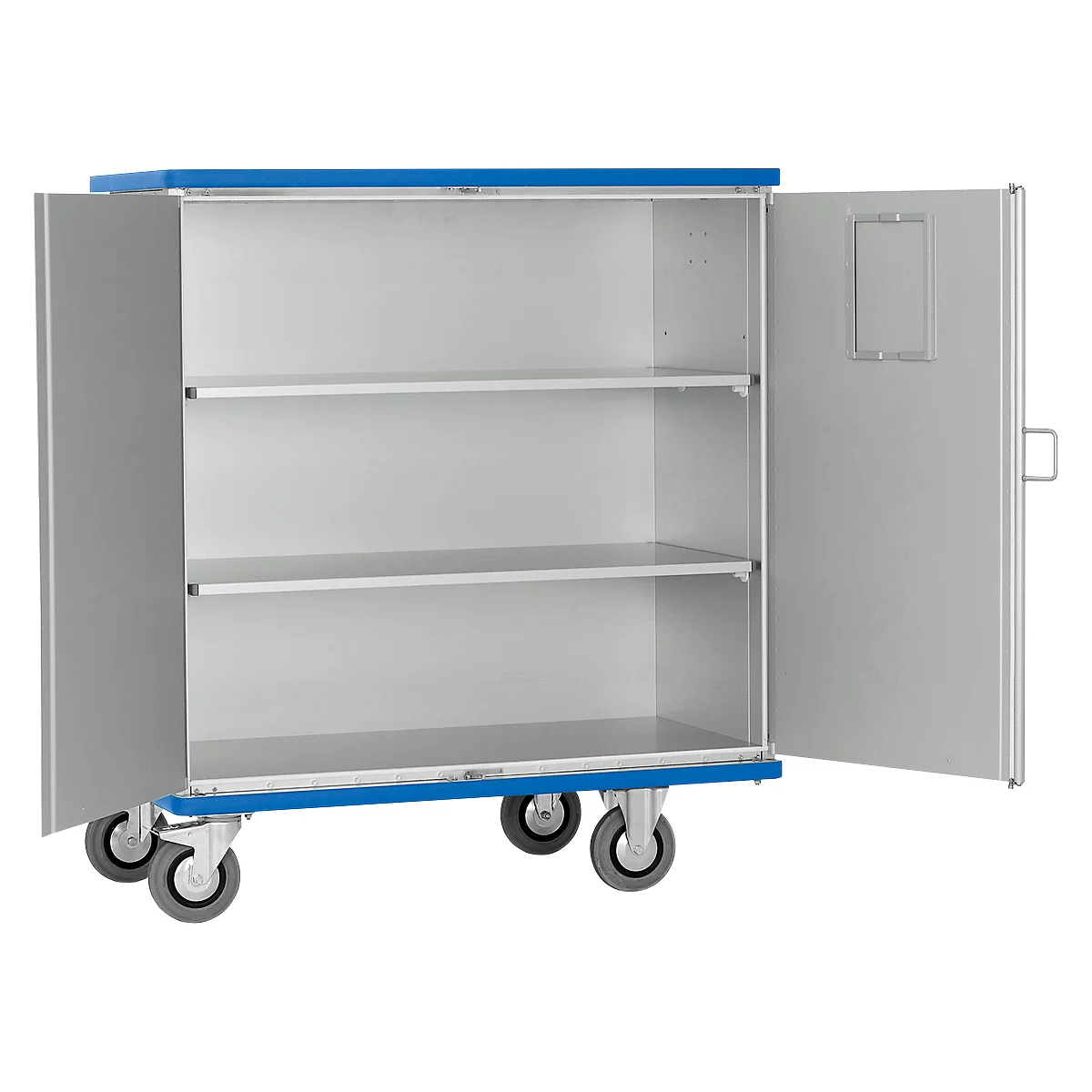 A mobile cabinet with two doors, three shelves, and wheels. The doors are open.