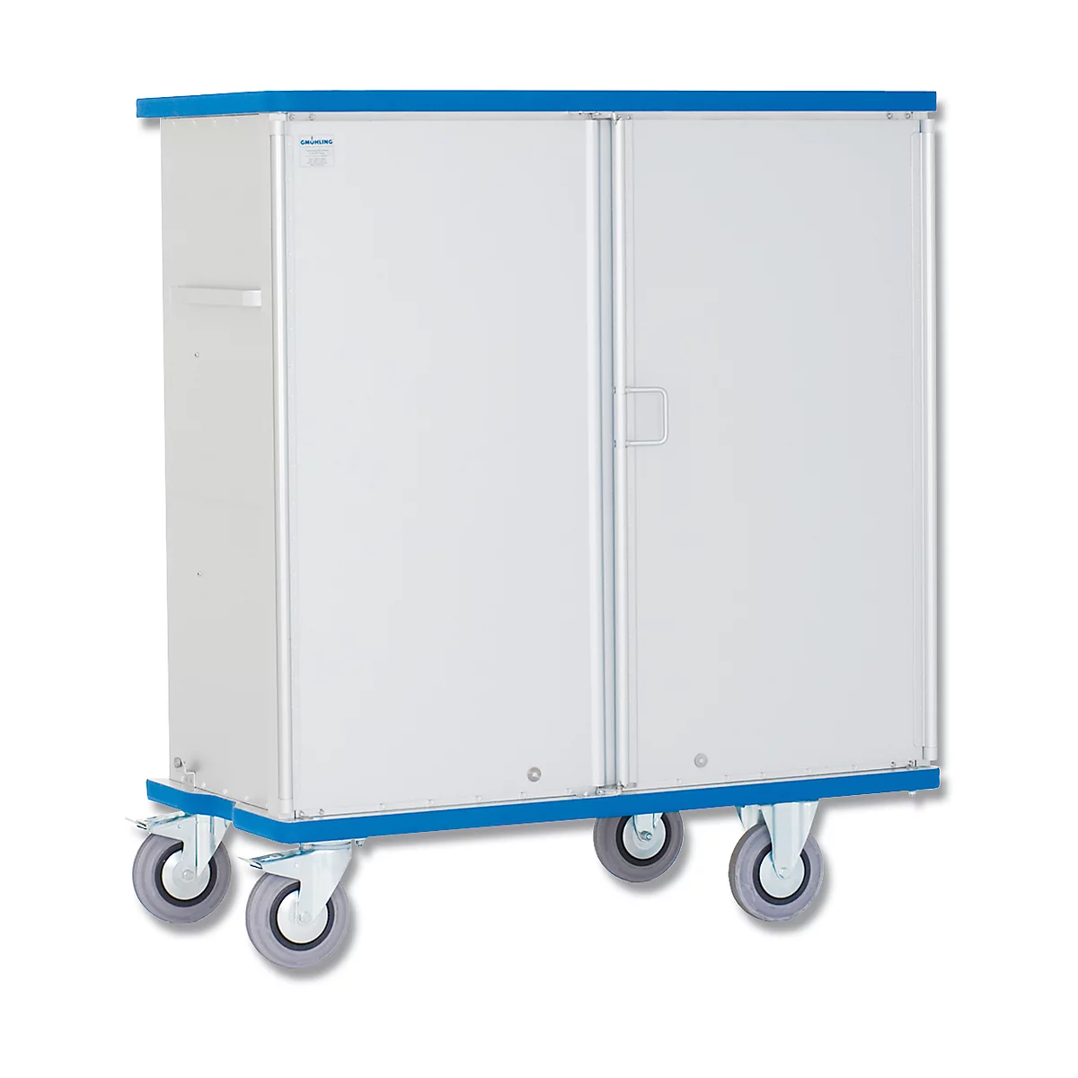 Medical cart with two doors on wheels. The surface is white with blue accents and a silver frame.