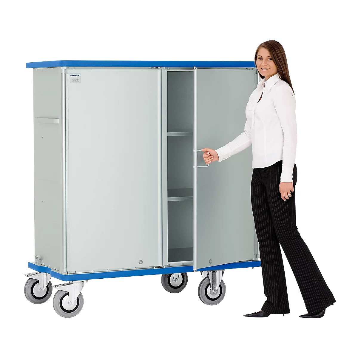 Woman opening a cabinet cart on wheels. Cabinet silver with blue details, woman smiling.