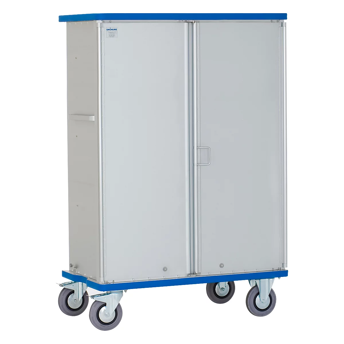 A silver serving cart with two doors, on wheels.